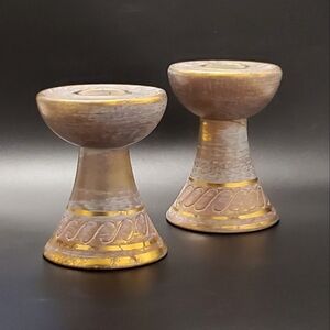 1950's Stangl Antique Gold Light Blue / Aqua Pair 4" Candlesticks 1 Repair 4064